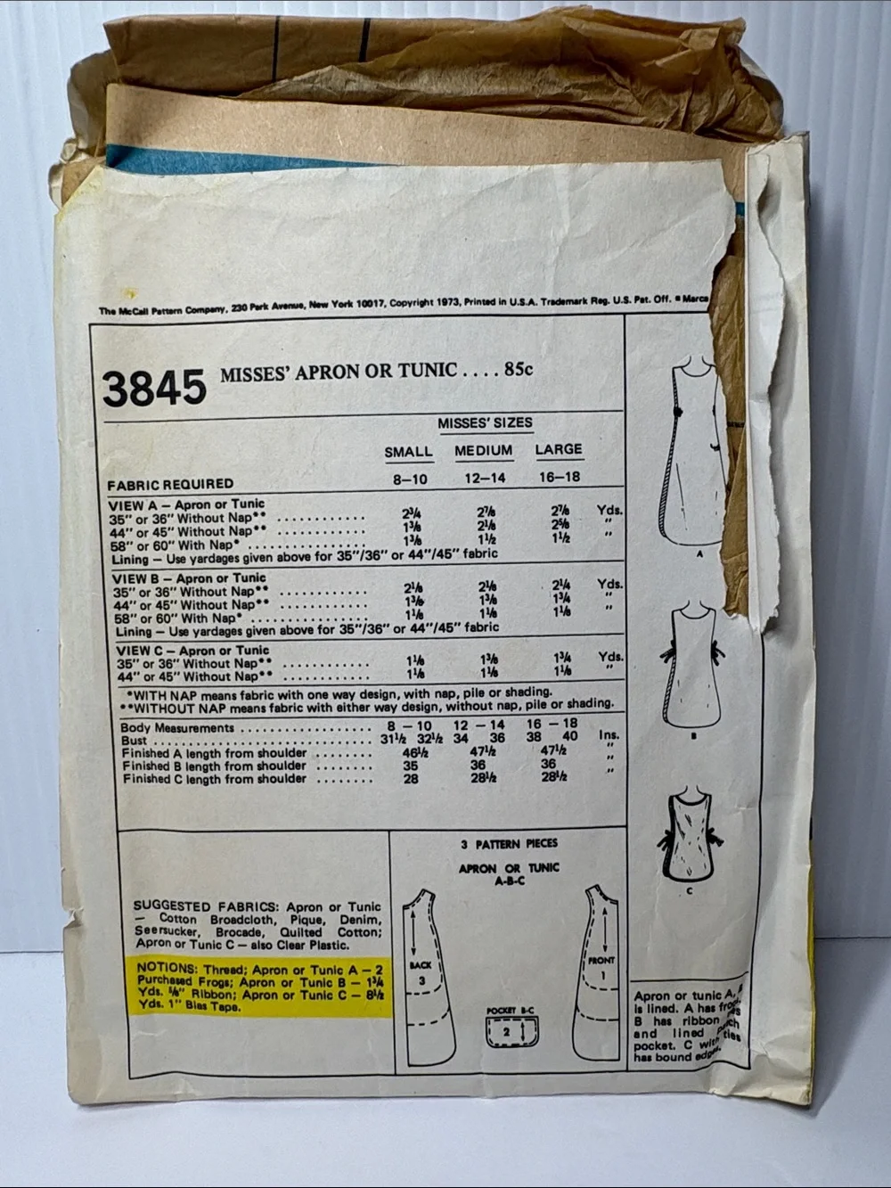 McCall's Step-by-Step Patterns 3845 Apron & Tunic 1970’s